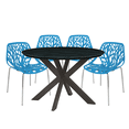 thumbnail image 1 of Leisuremod Ravenna Mid-Century Modern 5-Piece Metal Dining Set with 4 Stackable Plastic Chairs and Round Wood Table with Geometric Base for Kitchen and Dining Room (Blue), 1 of 14