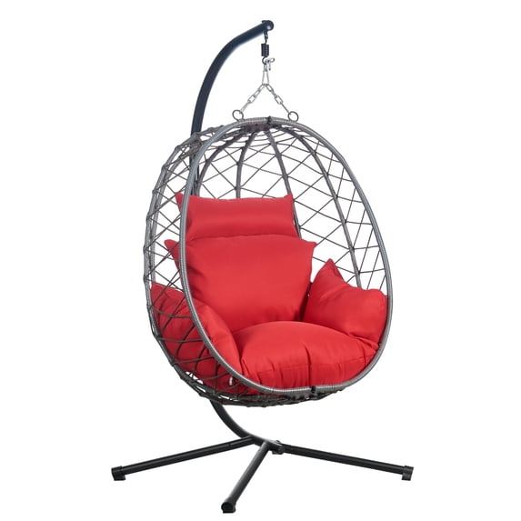 Leisuremod Summit Mid-Century Modern Outdoor Single Person Egg Swing Chair in Grey Steel Frame with Removable Cushions for Patio and Backyard, Red