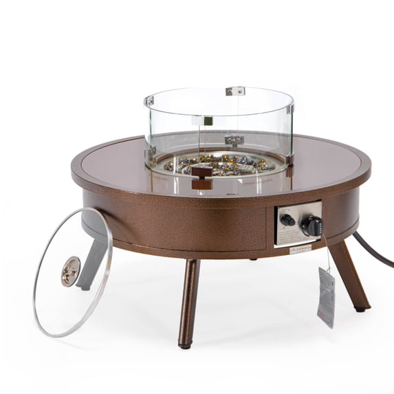 LeisureMod WBR-29-GL 20 x 29 x 29 in. Walbrooke Outdoor Patio Aluminum Round Fire Pit Side Table with Lid & Fire Glass, Brown