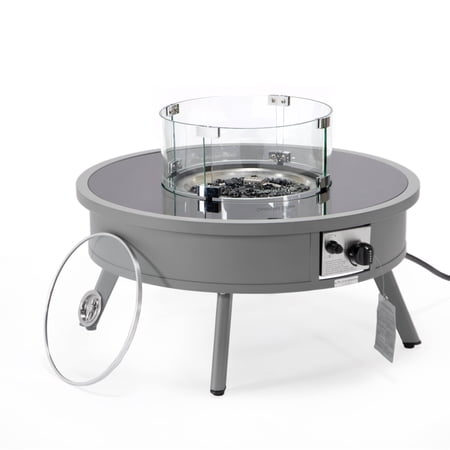 Leisuremod Walbrooke Outdoor Patio Aluminum Round Fire Pit Side Table with Lid and Fire Glass for Patio and Backyard Garden