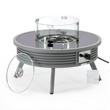 Leisuremod Walbrooke Modern Outdoor Round Fire Pit Table with Powder-Coated Aliuminum Frame and Slats Design for Patio and Backyard Garden (Grey)