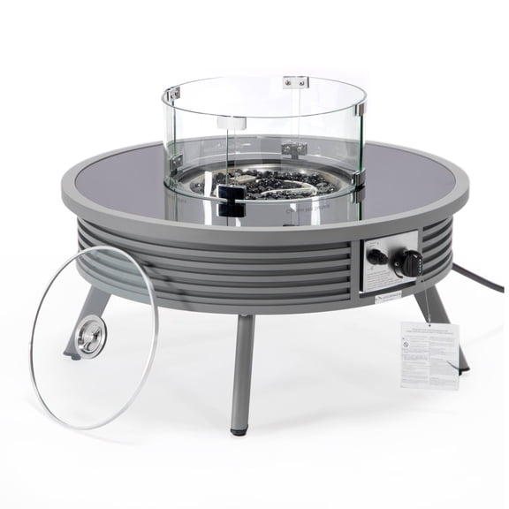 Leisuremod Walbrooke Modern Outdoor Round Fire Pit Table with Powder-Coated Aliuminum Frame and Slats Design for Patio and Backyard Garden (Grey)
