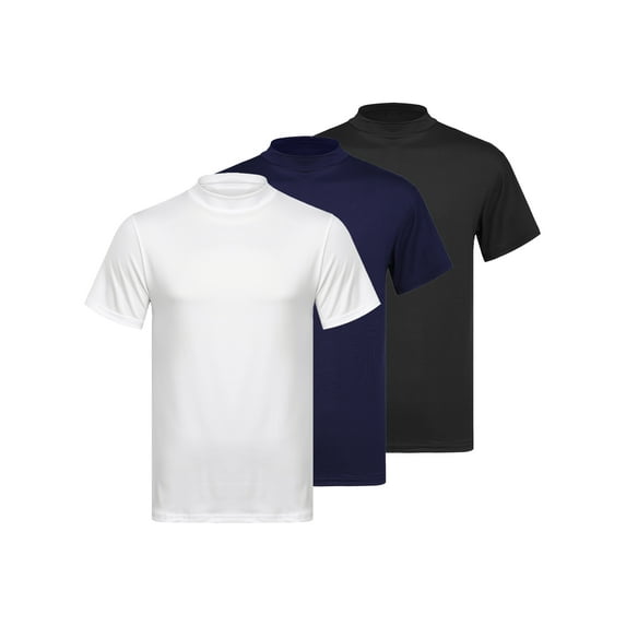 Lejafay 3Pcs Mens Mock Turtleneck Solid Color Pullover T-Shirt Short Sleeve Slim Fit Tops Undershirt Black&Blue&White XXL