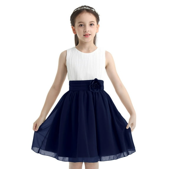 Lejafay Girls Dresses Flower Girl Wedding Party Princess Pleated Dress Birthday Party Formal Gown White&Navy Blue 12