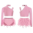thumbnail image 1 of Lejafay Girls Glittery Rhinestones Dance Outfits One Shoulder Mock Neck Crop Top with Feather Briefs Dancewear Pink 8, 1 of 6