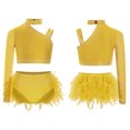 thumbnail image 1 of Lejafay Girls Glittery Rhinestones Dance Outfits One Shoulder Mock Neck Crop Top with Feather Briefs Dancewear Yellow 10, 1 of 6