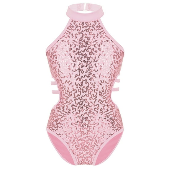 Lejafay Girls Kids Sparkly Sequins High Mock Neck Cutout Back Tank Leotard for Gymnastics Ballet Pink 8
