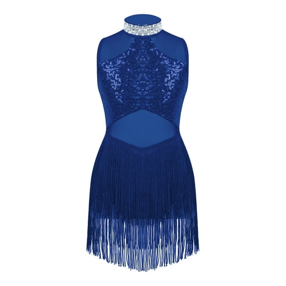 Girls Mesh Splice Rhinestone Tassel Dress Samba Jazz Tap Modern Latin Salsa Ballroom Costume Royal Blue 16