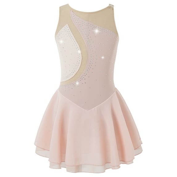 Lejafay Girls Mesh Spliced Gymnastics Leotard Dress Sleeveless Ballet Dance Dress Figure Ice Skating Pink 12
