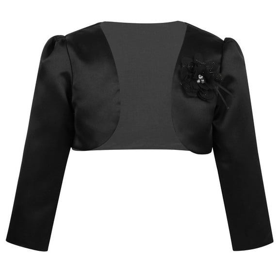 Lejafay Girls Satin Long Sleeve Bolero Shrug Party Wedding Pageant Flower Dress Cover Up Short Black 130
