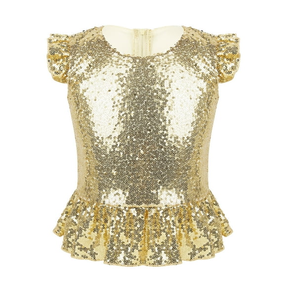 Lejafay Girls Sequins Ruffled Sleeves Tee Shirt Peplum Modern Jazz Dance Crop Top Birthday Mermaid Gold 6