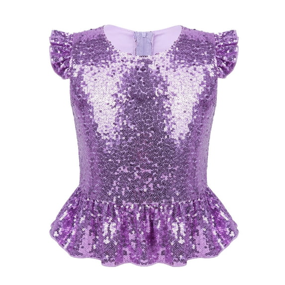 Lejafay Girls Sequins Ruffled Sleeves Tee Shirt Peplum Modern Jazz Dance Crop Top Birthday Mermaid Lavender 8