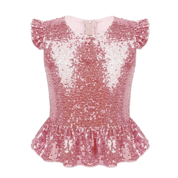 Lejafay Girls Sequins Ruffled Sleeves Tee Shirt Peplum Modern Jazz Dance Crop Top Birthday Mermaid Pink 16