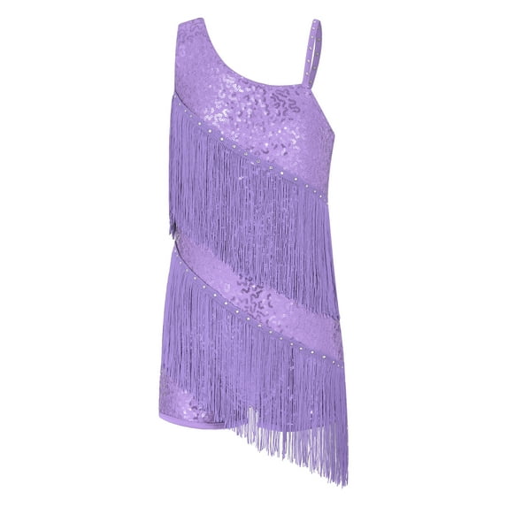 Lejafay Girls Sleeveless Oblique Straps Sequins Tassels Leotard Fringe Dress Latin Jazz Ballroom Dancewear Purple 12
