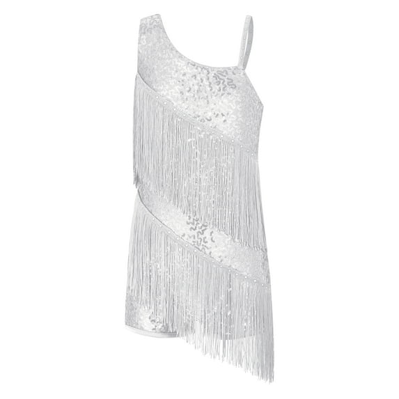 Lejafay Girls Sleeveless Oblique Straps Sequins Tassels Leotard Fringe Dress Latin Jazz Ballroom Dancewear White 16