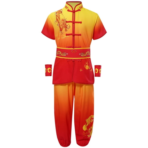 Lejafay Kids Boys Girls Kung Fu Suit Short Sleeve Wing Chun Tops with Pants Belt Cuffs Set Martial Yellow&Red 140