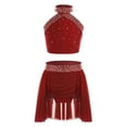 thumbnail image 1 of Lejafay Kids Girls 2 Piece Lyrical Latin Jazz Dance Outfit Sparkly Rhinestone Crop Top with Skirt Burgundy 14, 1 of 5