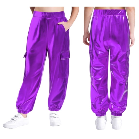 Lejafay Kids Girls Boys Shiny Metallic Jogger Trousers Jazz Hip Hop Street Dance Harem Pants for Stage Performance Purple 12