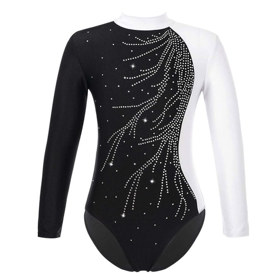 Lejafay Kids Girls Gymnastics Leotard Long Sleeve Sparkle Diamond Splice Ballet Dance Athletic White 8