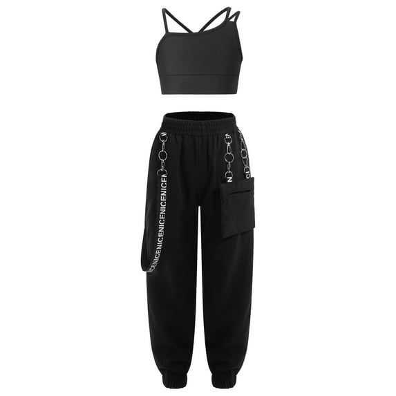 Lejafay Kids Girls Jazz Hip Hop Dance Clothes Set Crop Top with Cargo Jogger Pants Tracksuit Black 8