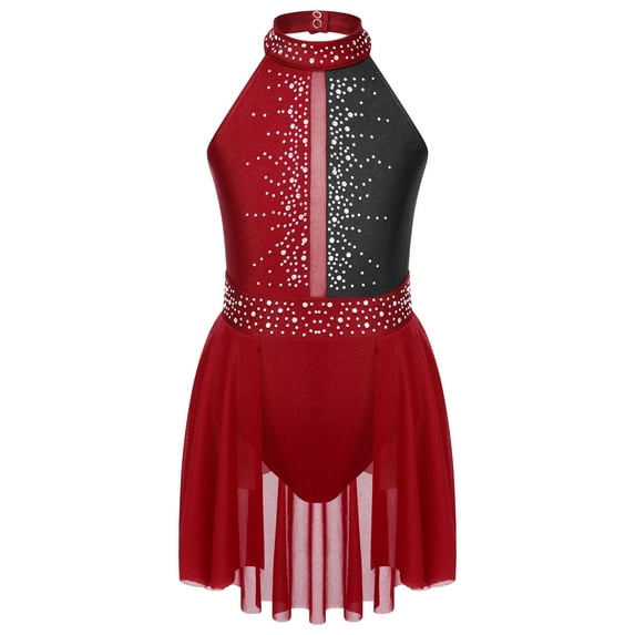 Lejafay Kids Girls Lyrical Dance Dress Shiny Rhinestone Sleeveless Modren Contemporary Ballet Dance Burgundy 12