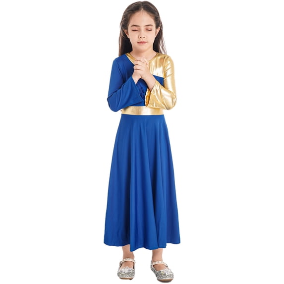 Lejafay Kids Girls Metallic Liturgical Praise Dance Dress Lyrical Dancewear Color Block Worship Robe Royal Blue 14