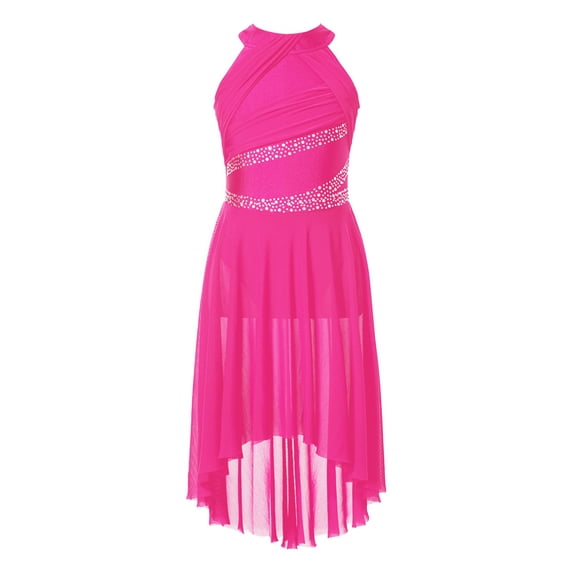 Lejafay Kids Girls Rhinestones Halter Neck Lyrical Dance Dress Ballet Tulle Leotard Dress Hi-Lo Contemporary Dance Costume Hot Pink 16