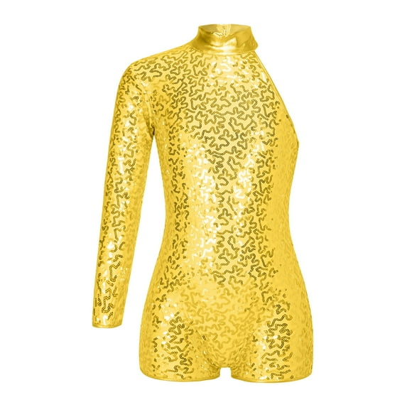 Lejafay Kids Girls Sequins Dance Clothes Single Long Sleeve Gymnastic Leotard Unitard Sports Biketard Gold 8