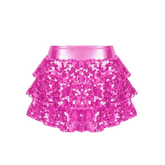 Lejafay Kids Girls Sequins Tiered Ruffle Skirted Shorts Latin Jazz Salsa Samba Ballet Dance Culottes Hot Pink 16