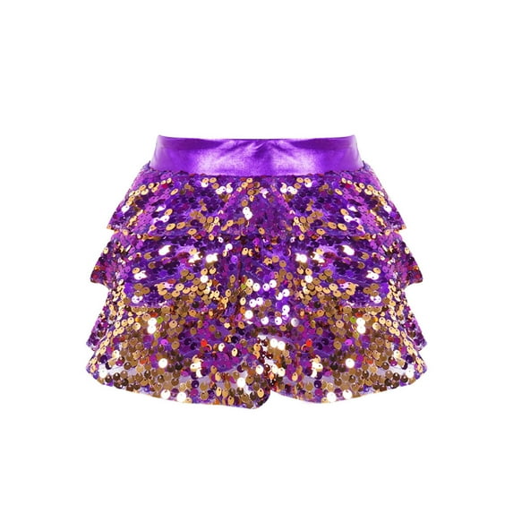 Lejafay Kids Girls Sequins Tiered Ruffle Skirted Shorts Latin Jazz Salsa Samba Ballet Dance Culottes Purple 6