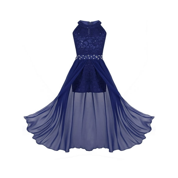 Lejafay Kids Girls Sleeveless Floral Lace Pleated Maxi Romper Dress Wedding Party Prom Gowns Blue 6