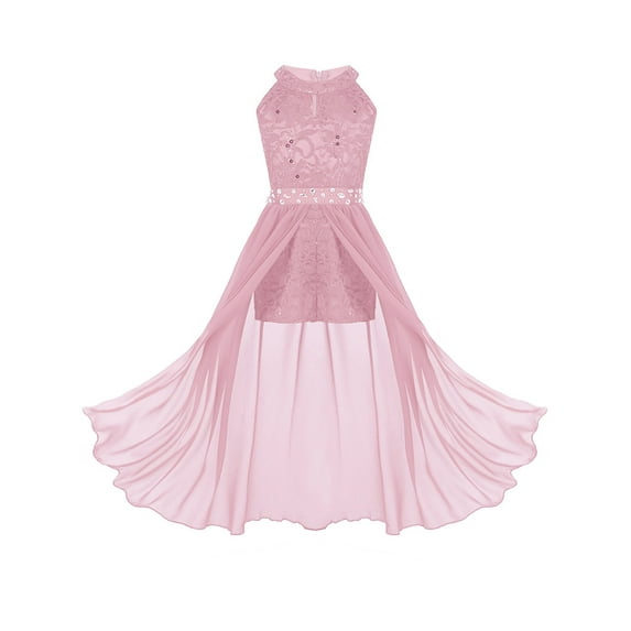 Lejafay Kids Girls Sleeveless Floral Lace Pleated Maxi Romper Dress Wedding Party Prom Gowns Pink 6