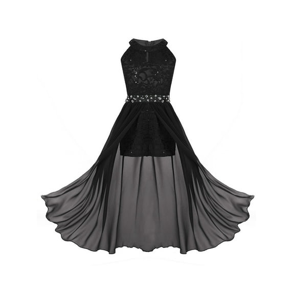 Lejafay Kids Girls Sleeveless Floral Lace Pleated Maxi Romper Dress Wedding Party Prom Gowns Black 8