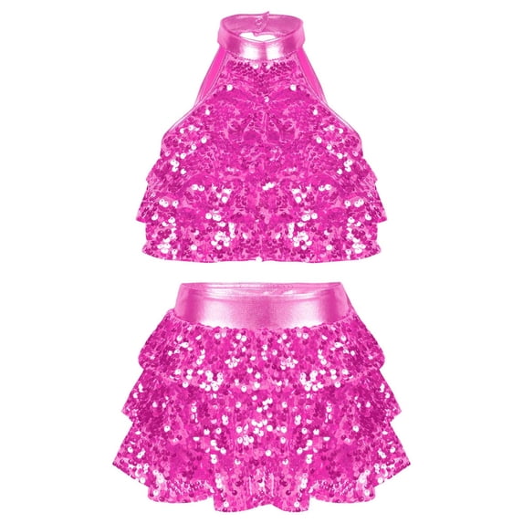 Lejafay Kids Girls Sleeveless Sequins Tiered Crop Top with Skirt Latin Jazz Modern Salsa Samba Rumba Hot Pink 12