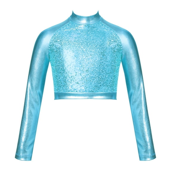Lejafay Kids Girls Sparkle Dance Crop Tops Long Sleeve Athletic Sports Gymnastics Fitness T-Shirt Turquoise 14
