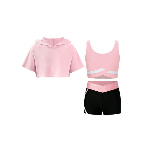 Lejafay Kids Girls Sports Suit Sleeveless Vest Cropped Hoodie with Match Shorts Workout Exercise Pink 8