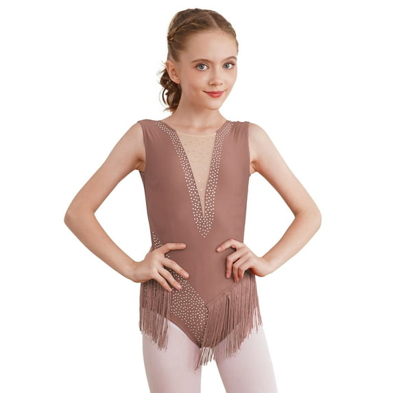 Lejafay Kids Girls Tassel Latin Dance Dress Rhinestone Gymnastic Leotard Skating Competition Costume Dusty Pink 10