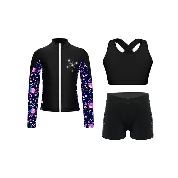 Lejafay Kids Girls Yoga Workout Running Outfits Long Sleeve Zipper Jacket Cross Back Sleeveless Tank Black 10