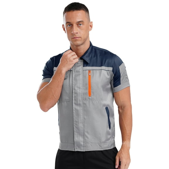 Lejafay Men Mechanic Uniform Shirt Contrast Color Short Sleeve Work Shirt Industrial T-shirts Navy Blue&Gray 175/XL