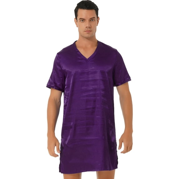 Lejafay Men's Nightshirt Soft Loose Pajama Sleep Shirt Nightwear Short Sleeve Nightgown V-Neck Purple L