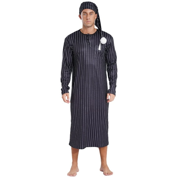 Lejafay Men's Pajamas Robe Striped Long Sleeve Sleep Shirt with Nightcap Nightwear Black L