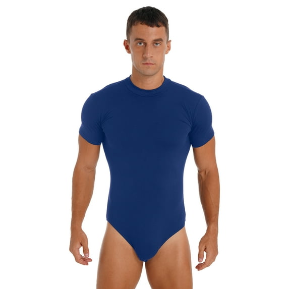 Lejafay Men's Short Sleeve Undershirt One Piece Leotard Top Press Button Crotch Shirt Bodysuit Slim Blue L