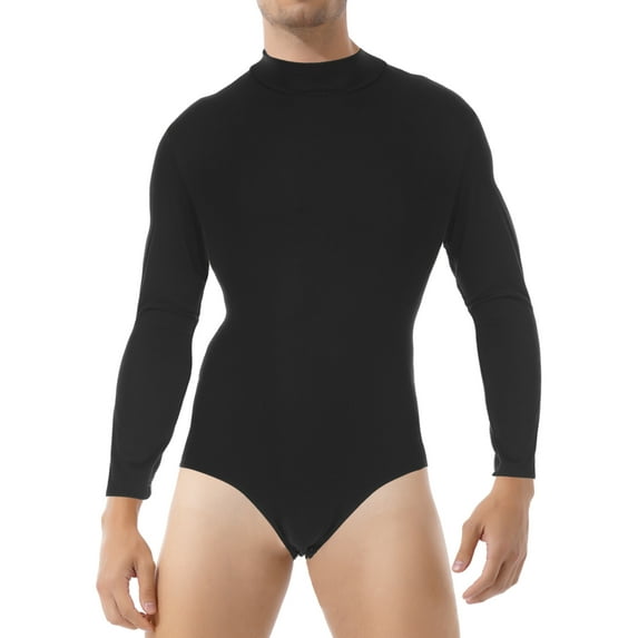 Lejafay Mens Mock Neck Long Sleeve Bodysuit Button Crotch Undershirt Leotard Jumpsuit Rompers Black 3XL