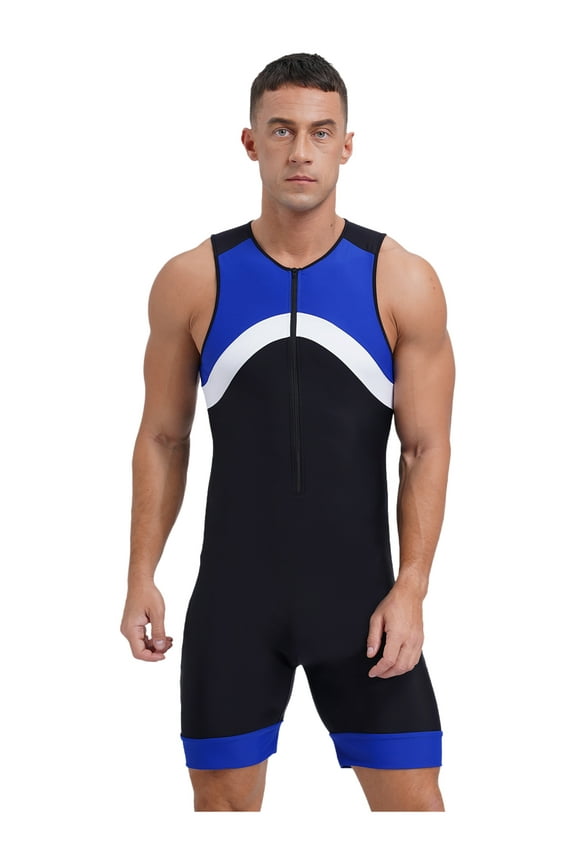 Mens Swimming Jumpsuit Sleeveless Zip Front Bodysuit Bathing Surfing Swimsuit Sport Unitard Blue M