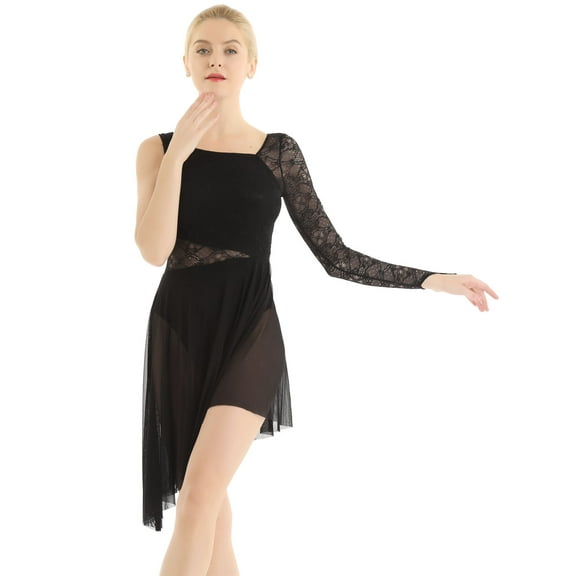 Lejafay Women Lyrical Dance Costume Single Sleeve Ballet Dance Leotard Black L