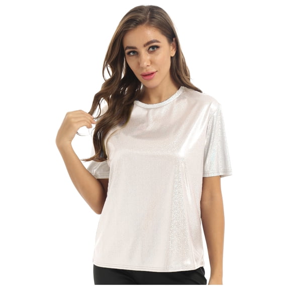 Lejafay Women Short Sleeve Shiny Metallic T Shirt Tank Tops Holographic Crop Top Festival Party Champagne S