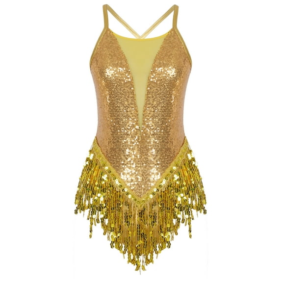 Lejafay Women Sparkling Sequins Fringed Leotard Tassel Latin Dance Dress Samba Ballroom Costumes Gold XL