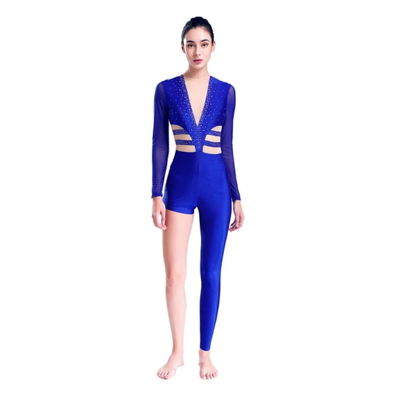 Lejafay Women Unique Asymmetrical Gymnastics Leotard Unitard Full Length Shiny Rhinestone Dance Blue XXL