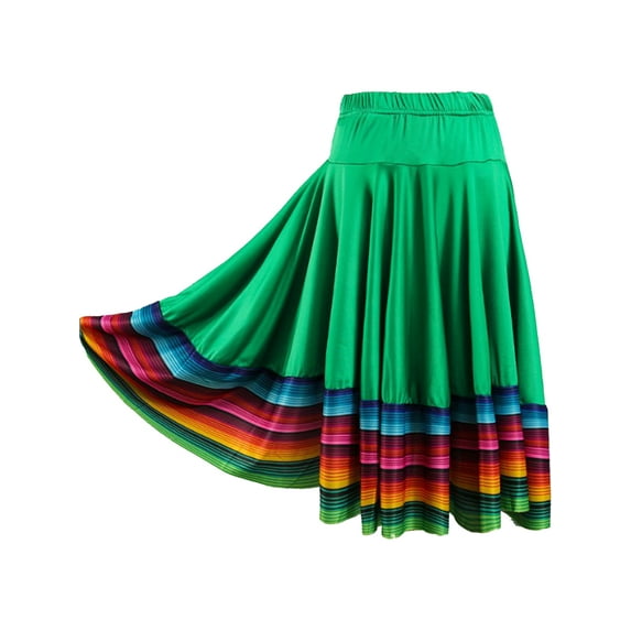 Lejafay Womens Folklorico Dance Skirt Spanish Flamenco Colorful Big Swing Long Skirts Green 55cm XXL
