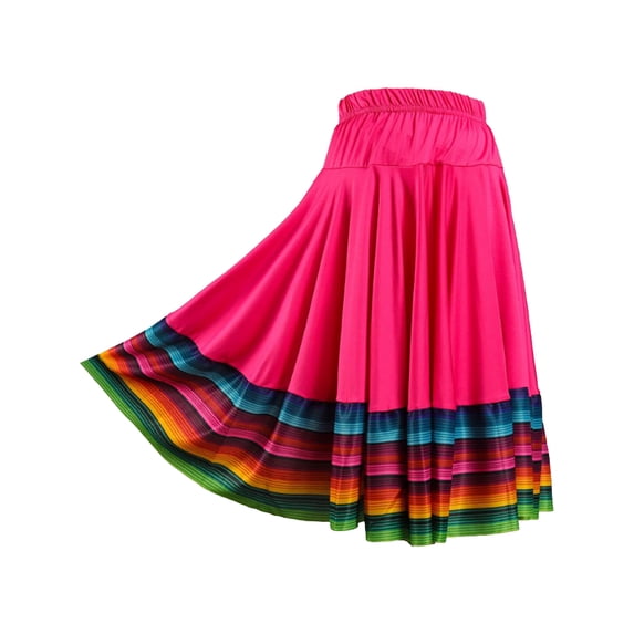 Lejafay Womens Folklorico Dance Skirt Spanish Flamenco Colorful Big Swing Long Skirts Hot Pink 55cm 4XL